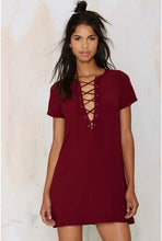 Sexy Metal Eyelets Panelled Lace Up Dress Woman V neck Short sleeve Shift Dresses black Wine red Army green 3 colors