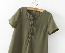 Sexy Metal Eyelets Panelled Lace Up Dress Woman V neck Short sleeve Shift Dresses black Wine red Army green 3 colors