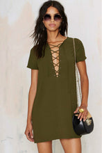 Sexy Metal Eyelets Panelled Lace Up Dress Woman V neck Short sleeve Shift Dresses black Wine red Army green 3 colors