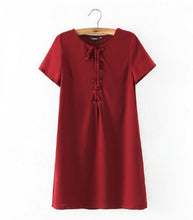 Sexy Metal Eyelets Panelled Lace Up Dress Woman V neck Short sleeve Shift Dresses black Wine red Army green 3 colors