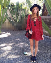 Sexy Metal Eyelets Panelled Lace Up Dress Woman V neck Star Print Chiffon Flare sleeve Loose Shift Dresses Pullovers