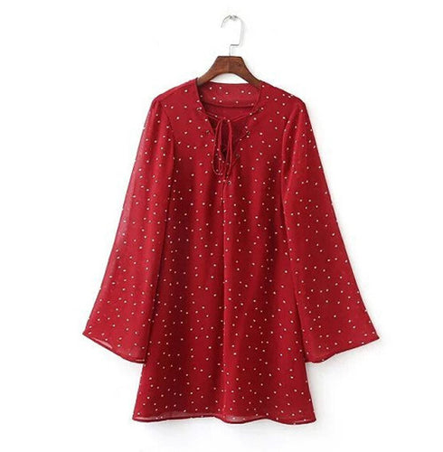 Sexy Metal Eyelets Panelled Lace Up Dress Woman V neck Star Print Chiffon Flare sleeve Loose Shift Dresses Pullovers