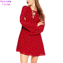 Sexy Metal Eyelets Panelled Lace Up Dress Woman V neck Star Print Chiffon Flare sleeve Loose Shift Dresses Pullovers