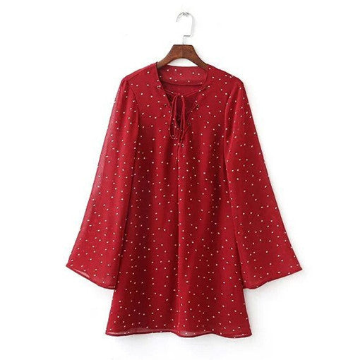 Sexy Metal Eyelets Panelled Lace Up Dress Woman V neck Star Print Chiffon Flare sleeve Loose Shift Dresses Pullovers