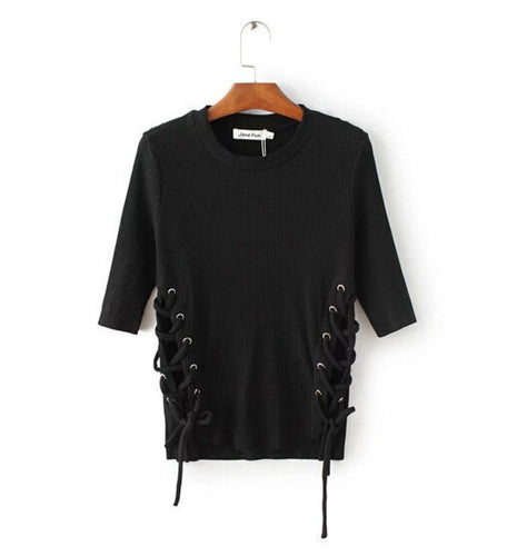 Sexy Metal eyelets lacing up Side T shirt bralette bustier O neck Strappy side Tee Tops 3 color