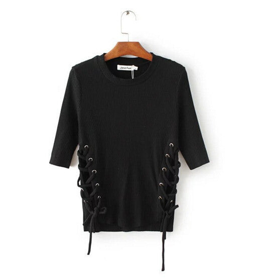 Sexy Metal eyelets lacing up Side T shirt bralette bustier O neck Strappy side Tee Tops 3 color