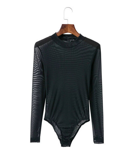Sexy O neck Long sleeve Mesh Bodysuit Woman Solid color Perspective Tight Short Jumpsuit Slim fit Rompers Playsuits 4 colors