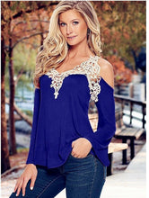Sexy Off Shoulder Blouse Women Lace Crochet Blouses And Shirts Casual Top Cold Shoulder Tops Flare Sleeve Shirt Plus Size