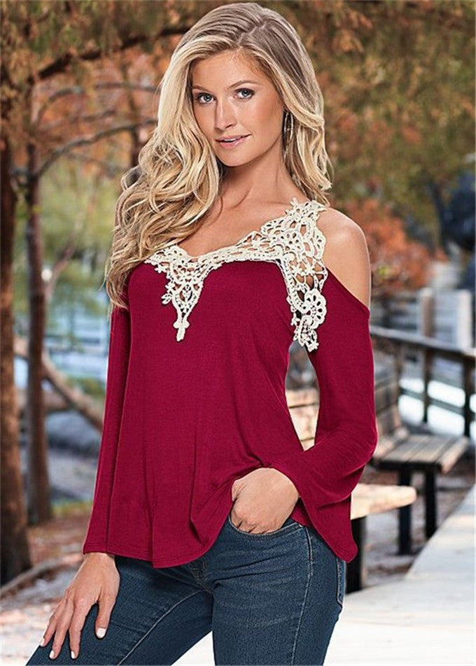 Sexy Off Shoulder Blouse Women Lace Crochet Blouses And Shirts Casual Top Cold Shoulder Tops Flare Sleeve Shirt Plus Size