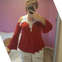 Sexy Off Shoulder Blouse Women Lace Crochet Blouses And Shirts Casual Top Cold Shoulder Tops Flare Sleeve Shirt Plus Size