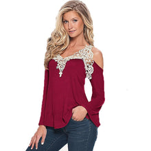 Sexy Off Shoulder Blouse Women Lace Crochet Blouses And Shirts Casual Top Cold Shoulder Tops Flare Sleeve Shirt Plus Size