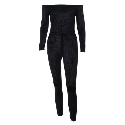 Sexy Off Shoulder Jumpsuit Women Cut Hole Velvet Overalls Femme Slash Neck Sexy Bodycon Jumpsuit Rompers Women