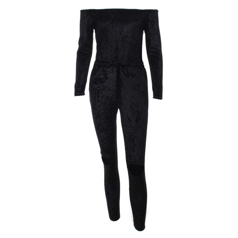 Sexy Off Shoulder Jumpsuit Women Cut Hole Velvet Overalls Femme Slash Neck Sexy Bodycon Jumpsuit Rompers Women