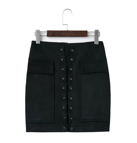 Sexy Package Hips Metel Hole Lacing up Faux Suede Skirt Woman Solid Color Pockets on Front mini short Skirts Femme 5 colors