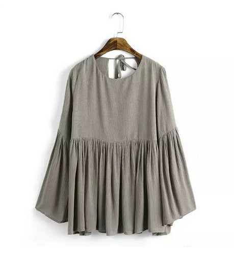Sexy Pleated Backless Streamer O neck Flare sleeve Pullover Shirt Women Strappy Cotton Shirt Blouse Tops