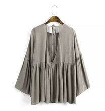 Sexy Pleated Backless Streamer O neck Flare sleeve Pullover Shirt Women Strappy Cotton Shirt Blouse Tops
