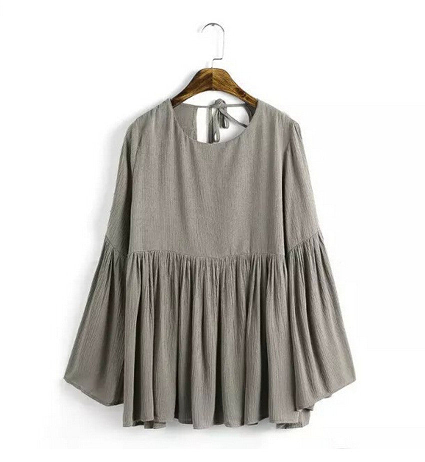 Sexy Pleated Backless Streamer O neck Flare sleeve Pullover Shirt Women Strappy Cotton Shirt Blouse Tops