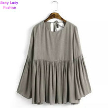 Sexy Pleated Backless Streamer O neck Flare sleeve Pullover Shirt Women Strappy Cotton Shirt Blouse Tops