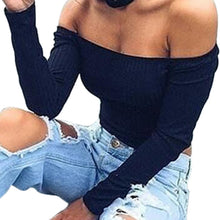 Sexy Pull Femme Women Knitted Sweater Off Shoulder Top Long Sleeve Slash Neck Solid Stretch Sweater Tops Cropped Pullover GV391