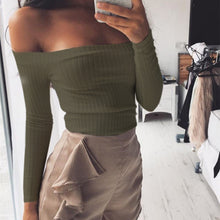 Sexy Pull Femme Women Knitted Sweater Off Shoulder Top Long Sleeve Slash Neck Solid Stretch Sweater Tops Cropped Pullover GV391