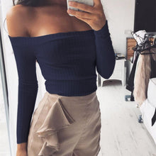 Sexy Pull Femme Women Knitted Sweater Off Shoulder Top Long Sleeve Slash Neck Solid Stretch Sweater Tops Cropped Pullover GV391