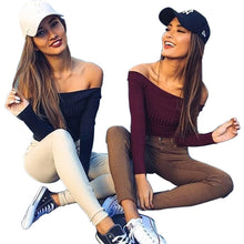 Sexy Pull Femme Women Knitted Sweater Off Shoulder Top Long Sleeve Slash Neck Solid Stretch Sweater Tops Cropped Pullover GV391