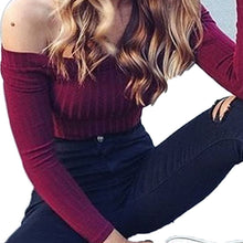 Sexy Pull Femme Women Knitted Sweater Off Shoulder Top Long Sleeve Slash Neck Solid Stretch Sweater Tops Cropped Pullover GV391