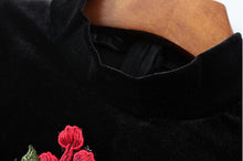 Sexy Red Rose Flower 3D Appliques Embroidery Sheath Velvet Dress Vintage Woman Half Turtleneck Long Sleeve Package Hips Dresses