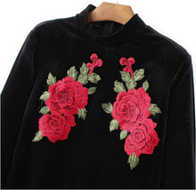Sexy Red Rose Flower 3D Appliques Embroidery Sheath Velvet Dress Vintage Woman Half Turtleneck Long Sleeve Package Hips Dresses
