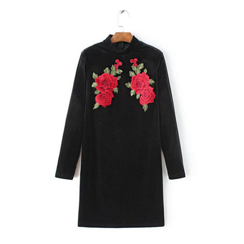 Sexy Red Rose Flower 3D Appliques Embroidery Sheath Velvet Dress Vintage Woman Half Turtleneck Long Sleeve Package Hips Dresses