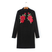 Sexy Red Rose Flower 3D Appliques Embroidery Sheath Velvet Dress Vintage Woman Half Turtleneck Long Sleeve Package Hips Dresses