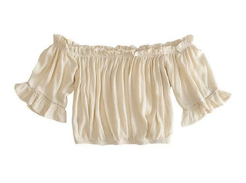 Sexy Ruffles Elastic Slash Neck Tee Women off shoulder Hollow Out Short Sleeve Short T-shirt crop top beige white color