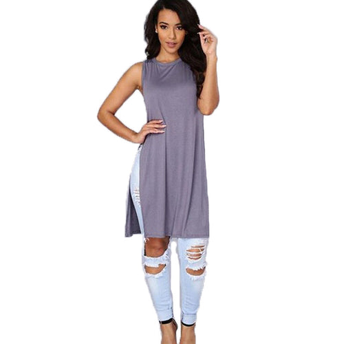Sexy Side Split Women Tops Sleeveless Top Loose Long Shirts Women Casual Top Tees Tank Women Tops