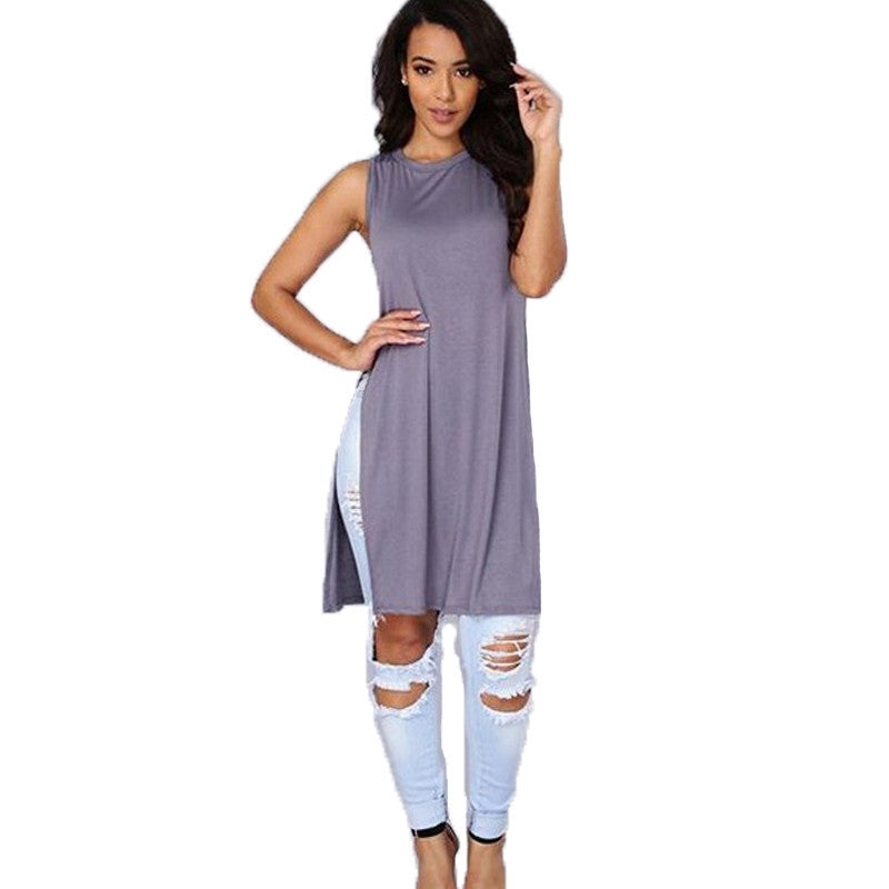 Sexy Side Split Women Tops Sleeveless Top Loose Long Shirts Women Casual Top Tees Tank Women Tops