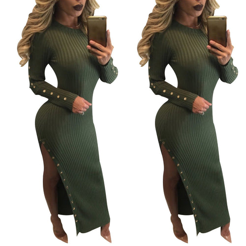 Sexy Side split O neck knit Dresses Long sleeve Warm Bodycon Maxi Sweater Dress For Young Ladies LX079