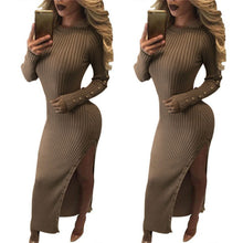Sexy Side split O neck knit Dresses Long sleeve Warm Bodycon Maxi Sweater Dress For Young Ladies LX079