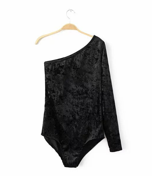 Sexy Single Shoulder Long sleeve Bodysuit Woman Black Shoulderless Tight Short Jumpsuit Slim fit Rompers Playsuit