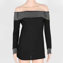 Sexy Slash Neck T Shirt Long Sleeve Slim T-shirts For Women Black Zipper Decorated T-shirt Women Casual Top Tees