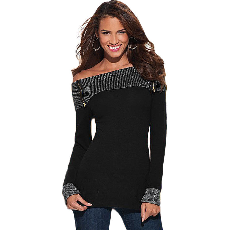 Sexy Slash Neck T Shirt Long Sleeve Slim T-shirts For Women Black Zipper Decorated T-shirt Women Casual Top Tees