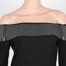 Sexy Slash Neck T Shirt Long Sleeve Slim T-shirts For Women Black Zipper Decorated T-shirt Women Casual Top Tees