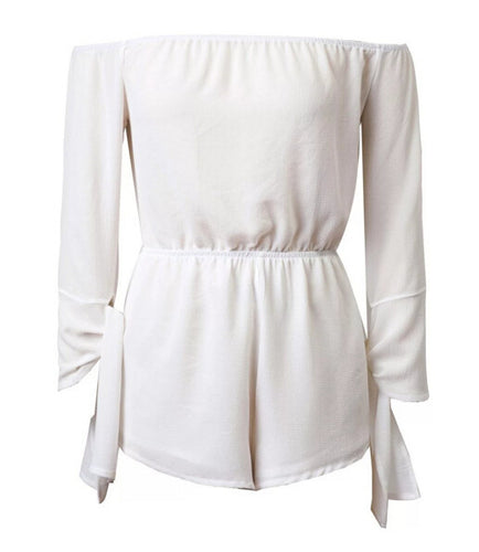 Sexy Slash Neck off shoulder Jumpsuit Women Ruffles Long Sleeve Short Pants Romper Overalls White S M L