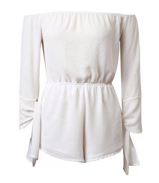 Sexy Slash Neck off shoulder Jumpsuit Women Ruffles Long Sleeve Short Pants Romper Overalls White S M L