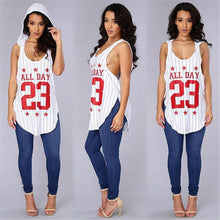 Sexy Sleeveless T Shirt With Hood Number 23 Letter Print Long Baseball T Shirt Women Irregular Tee Shirt Femme