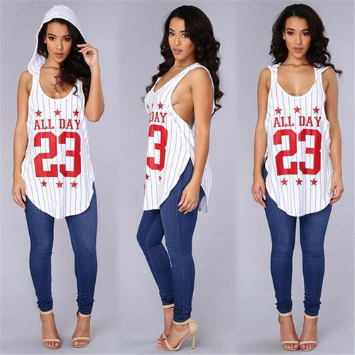 Sexy Sleeveless T Shirt With Hood Number 23 Letter Print Long Baseball T Shirt Women Irregular Tee Shirt Femme