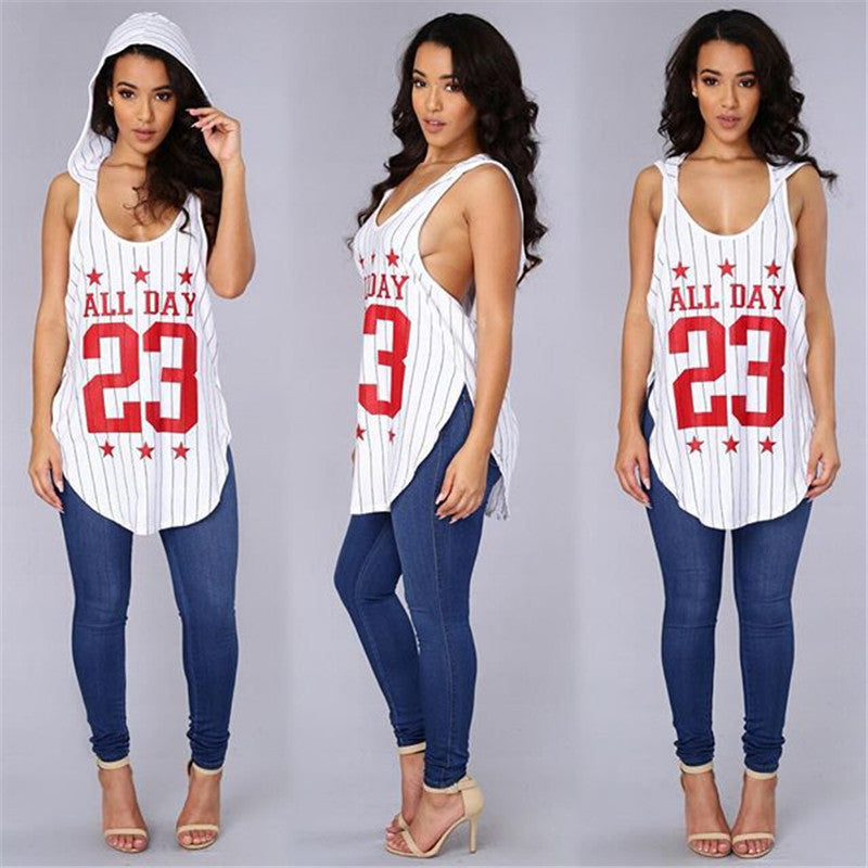Sexy Sleeveless T Shirt With Hood Number 23 Letter Print Long Baseball T Shirt Women Irregular Tee Shirt Femme