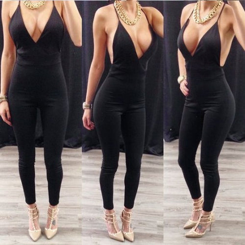 Sexy Spaghetti Strap Playsuits Bodycon Deep V neck Backless Club jumpsuits and rompers for Sexy Ladies J6173