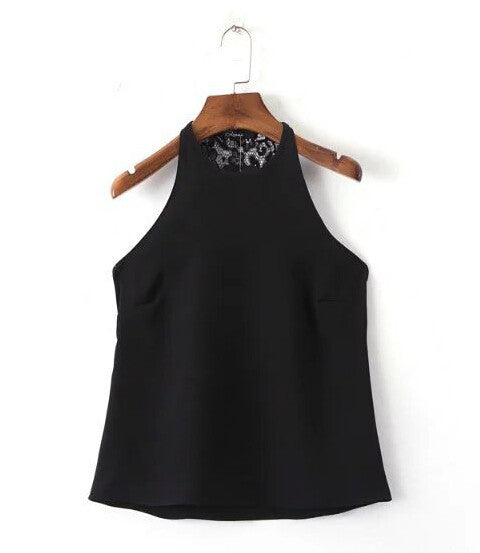Sexy Spliced Lace Backless Halter Pullover Tanks Women Sleeveless O neck Short Tee Camis Loose Femme crop top black