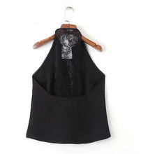 Sexy Spliced Lace Backless Halter Pullover Tanks Women Sleeveless O neck Short Tee Camis Loose Femme crop top black