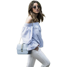 Sexy Striped Off Shoulder Tops Street Shoot Slash Neck Blouses And Shirts Women Lantern Sleeve Loose Women Tops