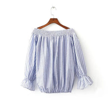 Sexy Striped Off Shoulder Tops Street Shoot Slash Neck Blouses And Shirts Women Lantern Sleeve Loose Women Tops